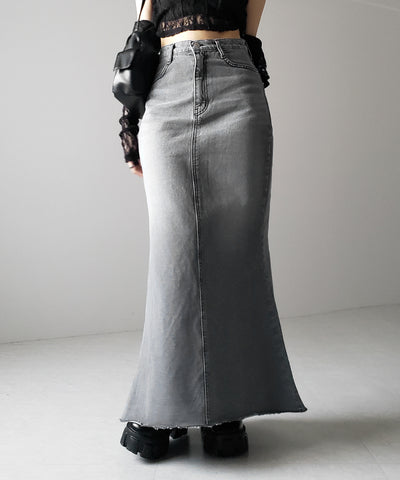 【 ３size 】深スリットダメージデニムロングマーメイドスカート ／ deep slit damage denim long mermaid skirt