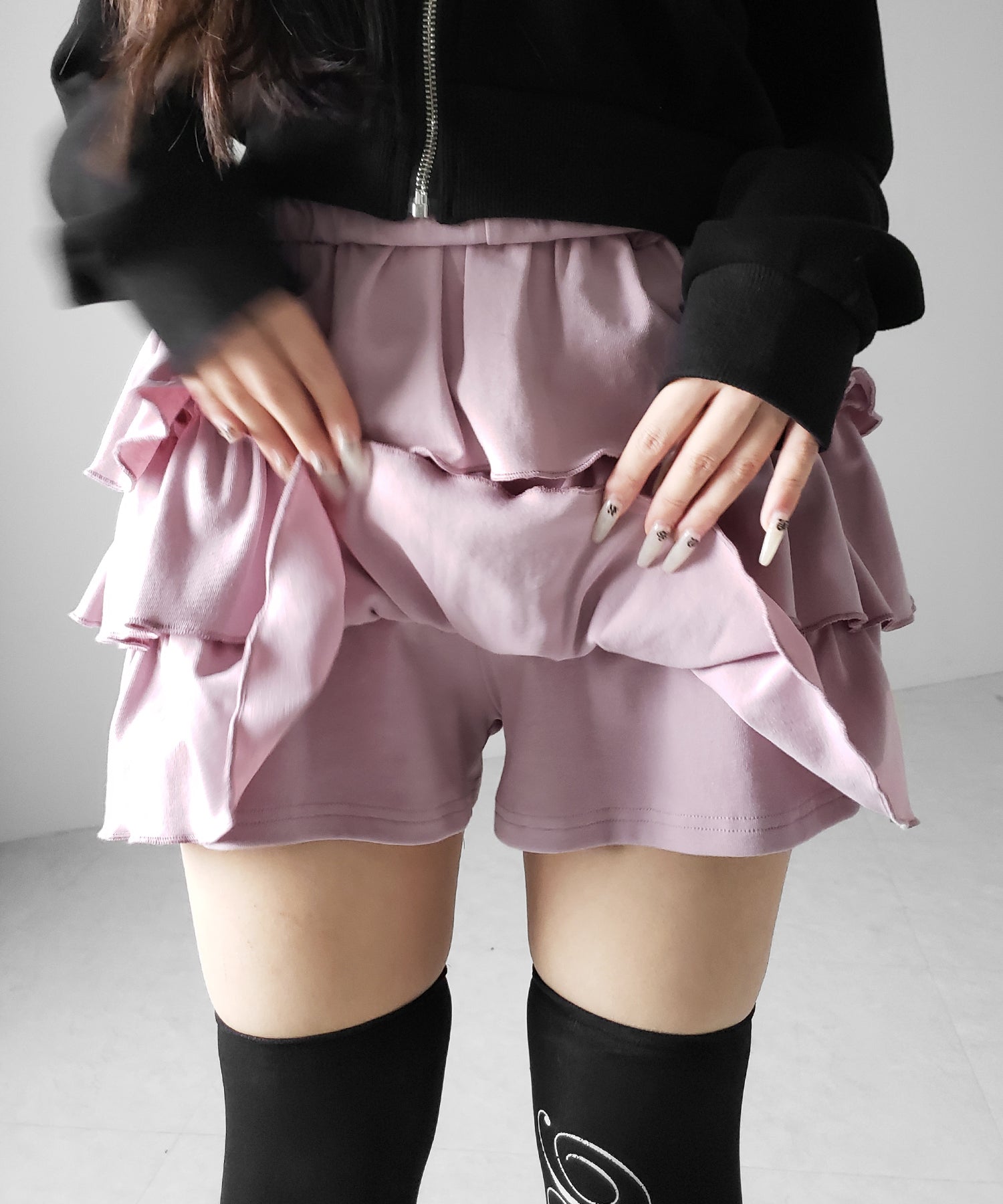 【 新色ピンク追加！４color 】３段フリルカットソーミニスカパン ／ 3 frill cutsew mini skirt pants