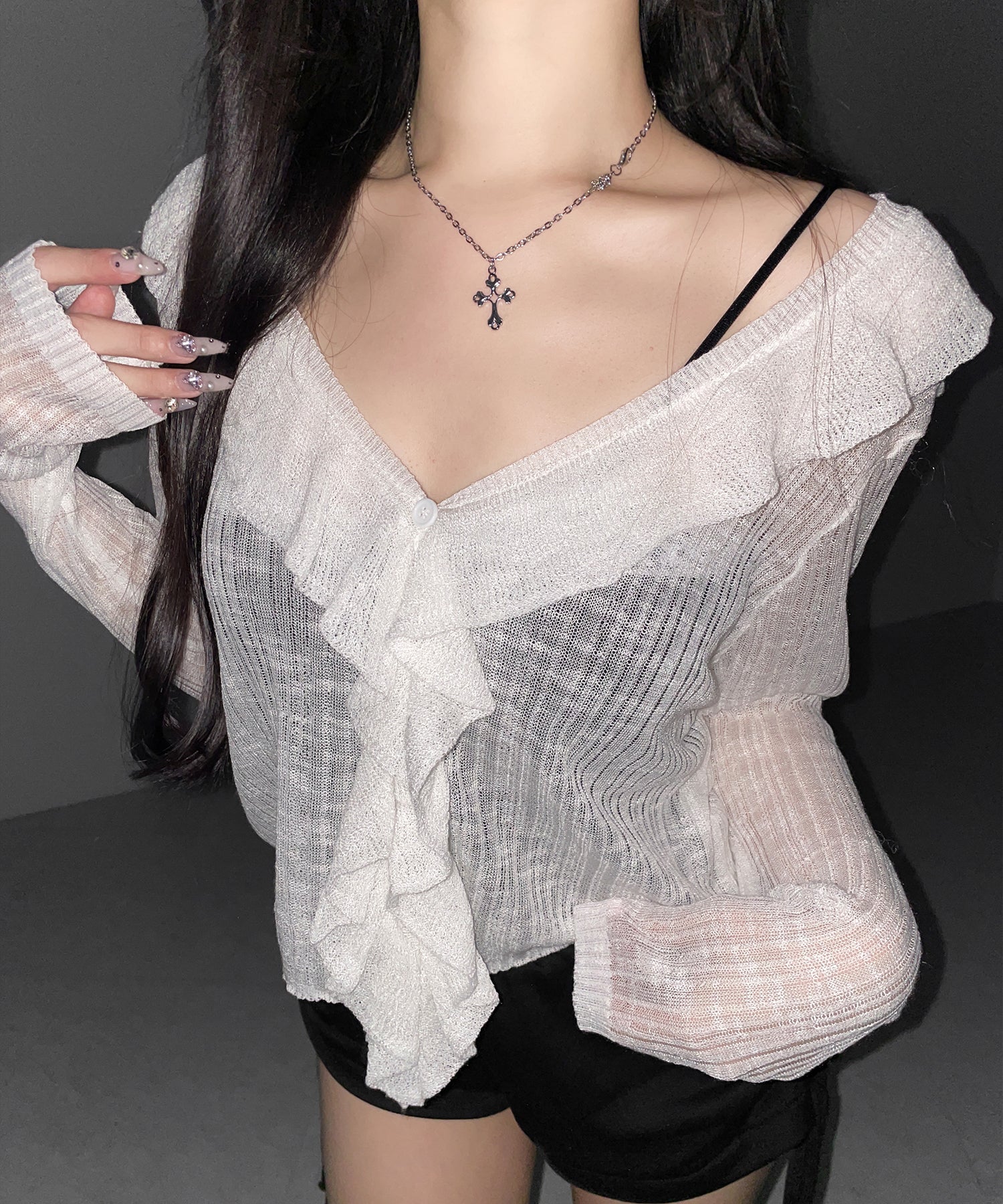 フリルシアールーズニットカーディガン ／ frill sheer loose knit cardigan