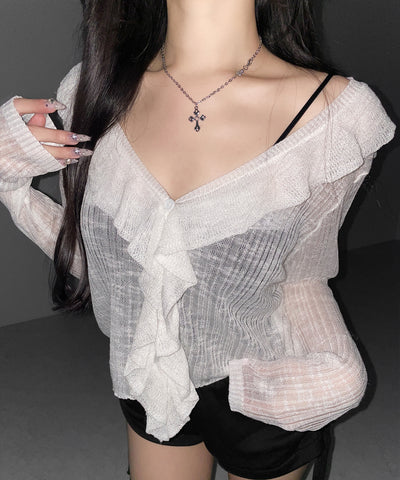 フリルシアールーズニットカーディガン ／ frill sheer loose knit cardigan