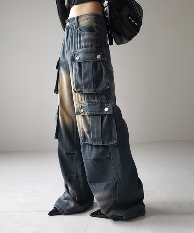 【 ３color ／４size 】オーバーダイグラデーションヴィンテージワイドカーゴデニム ／ overdyed gradation vintage wide cargo denim