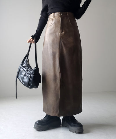 【 ３color ／ ３size 】フロントスリットヴィンテージフェイクレザースカート