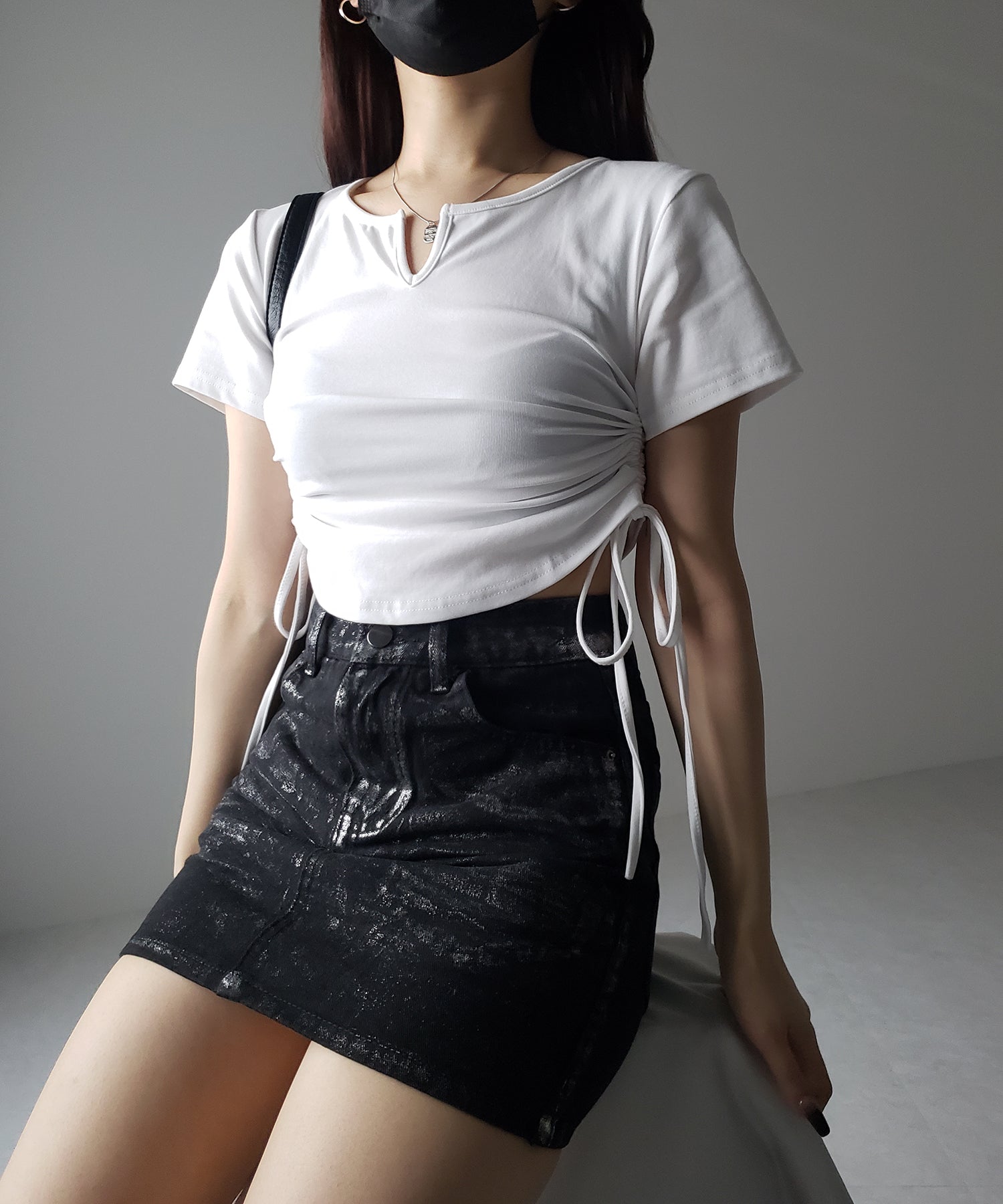 【 ２color 】サイドシャーリングリボン半袖ショートＴシャツ ／ side shirring ribbon short Tee