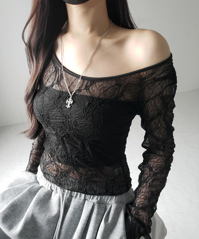 【 ２color ／２WAY 】ワンショルルーズシアーレーストップス ／ one shoulder loose sheer lace tops