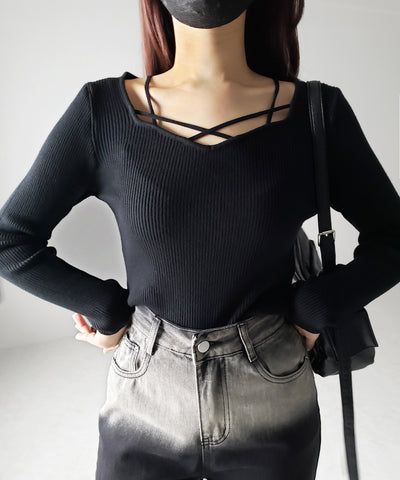 【 ３color 】クロスラインストラップデザインリブニット
