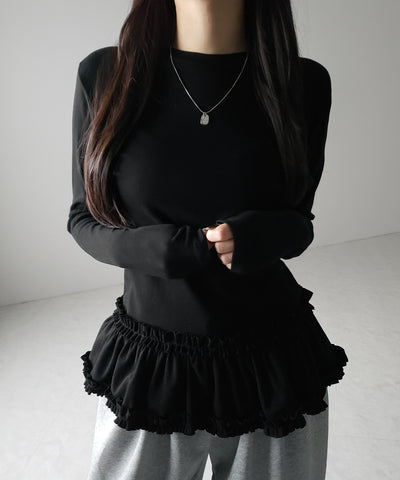 【 ３color 】裾フリルレイヤード長袖トップス ／ hem frill layered long sleeve tops