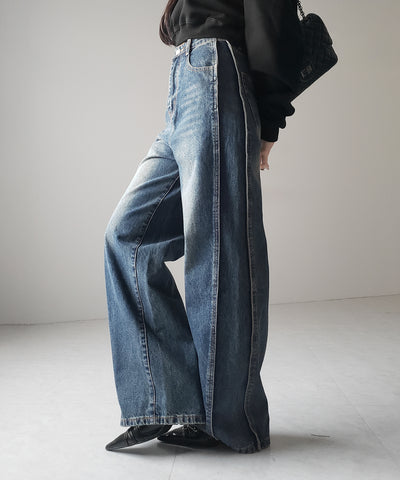 【 ３color ／ ４size 】サイドタック切替ハイウエストストレートデニム ／side tack kirikae highwaist straight denim