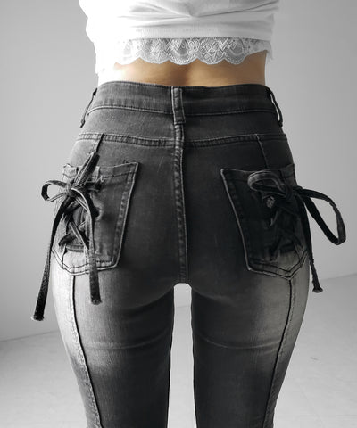 【４size 】バックリボンレースアップ美脚ストレッチフレアデニム ／ back ribbon lace up slim leg stretch flare denim