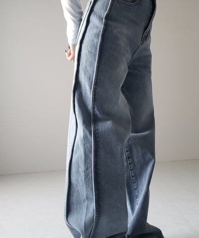 【 ３color ／ ４size 】サイドタック切替ハイウエストストレートデニム ／side tack kirikae highwaist straight denim