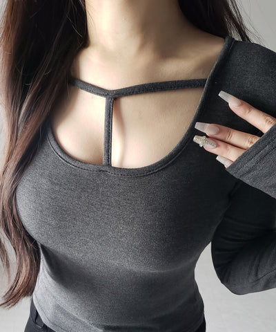 【 裏起毛 】カットアウトストラップスリムカットソートップス ／ cutout strap slim cutsew tops