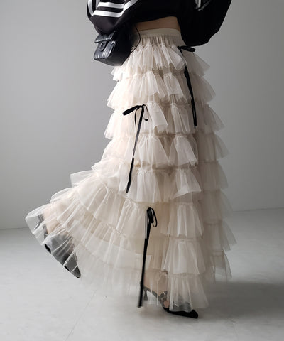 【 ４color 】ストラップリボンバレエコアチュールスカート ／strap ribbon ballet core tulle skirt