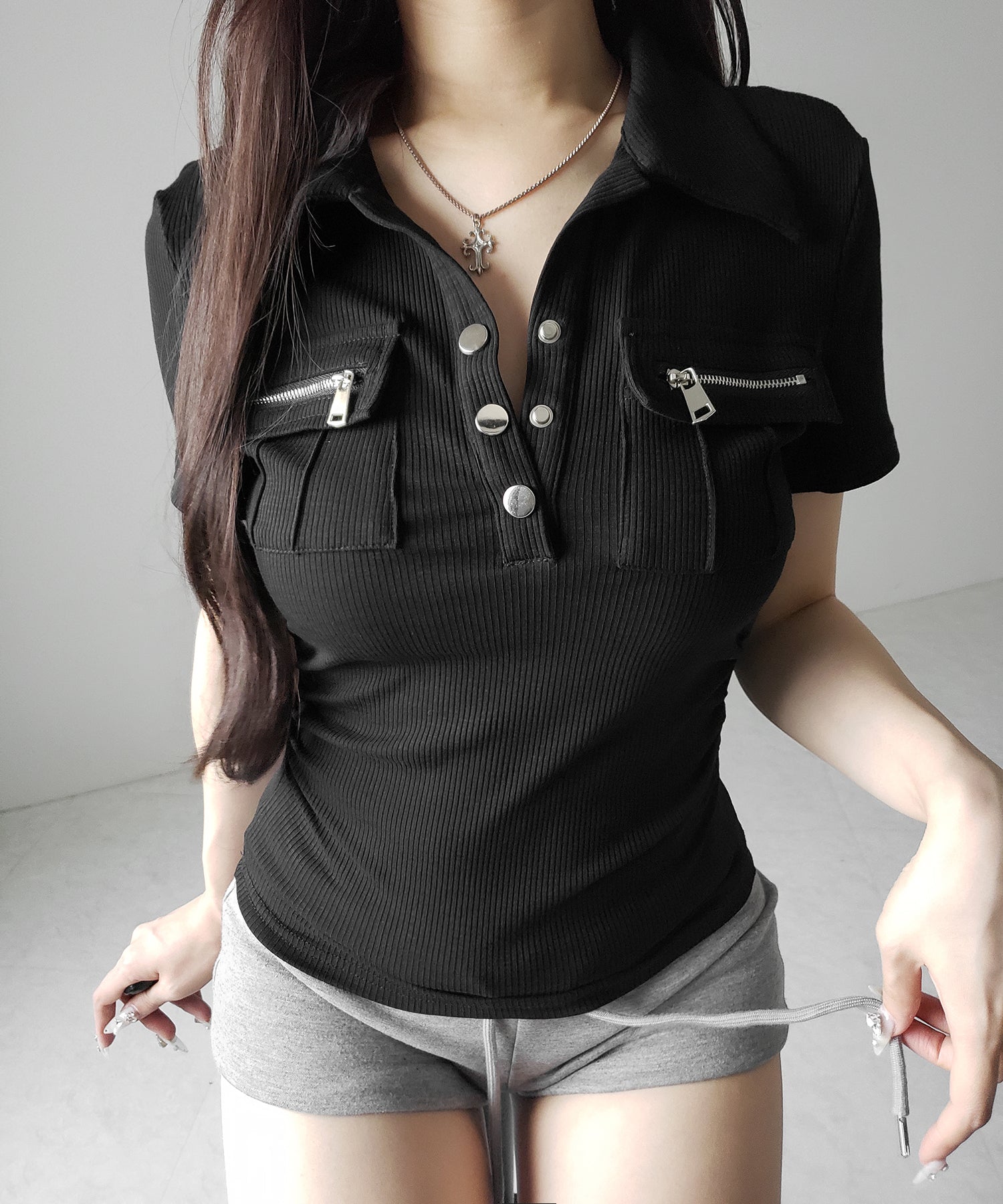 アウトポケットポロネックリブカットソートップス ／ out pocket polo neck rib cutsew tops