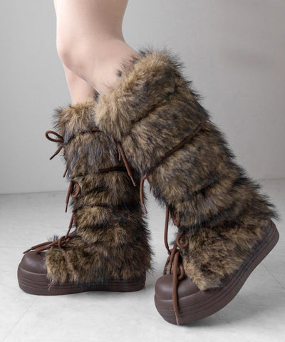 ボリュームフェイクファーレースアップロングブーツ ／ volume fake fur laceup long boots