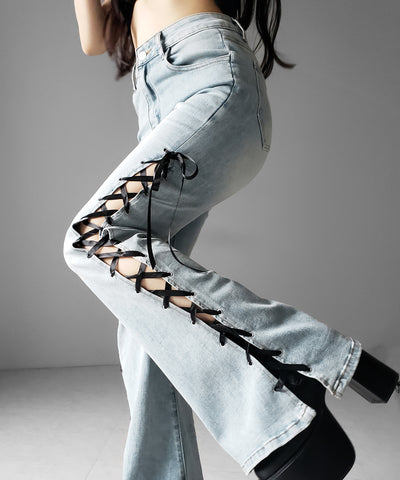 サテンリボンレースアップカットアウトストレッチフレアデニム ／ satin ribbon laceup cutout stretch flare denim