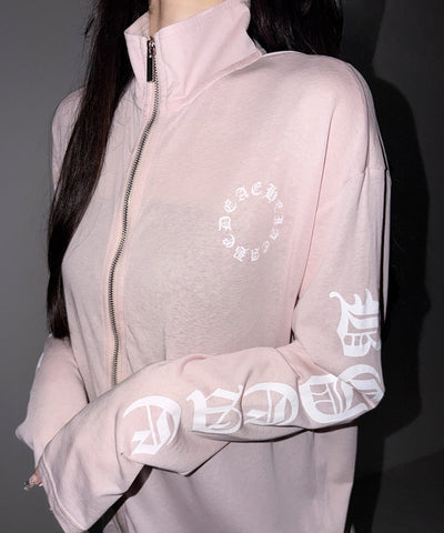 グランジロゴスタンドジップアップオーバーシアートップス ／ grunge logo stand zipup over sheer tops