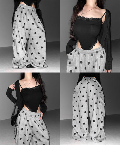 【 裾絞り可能２WAY 】ドットドローコードタックワイドカーゴスウェットパンツ ／ Dot drawcord tuck wide cargo sweatpants