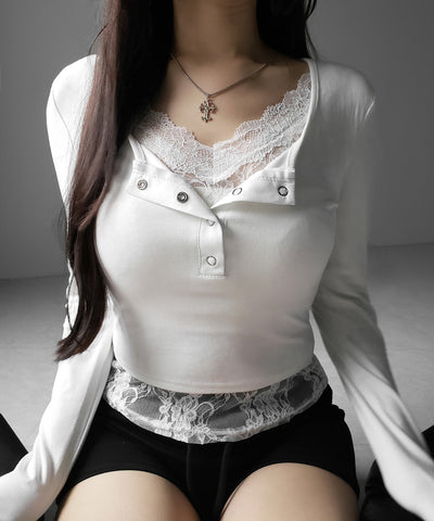 【 人気アイテムの長袖verが新登場！ 】レースレイヤードヘンリーネックスクエア長袖Ｔシャツ ／ lace layered henley neck square long sleeve T-shirt