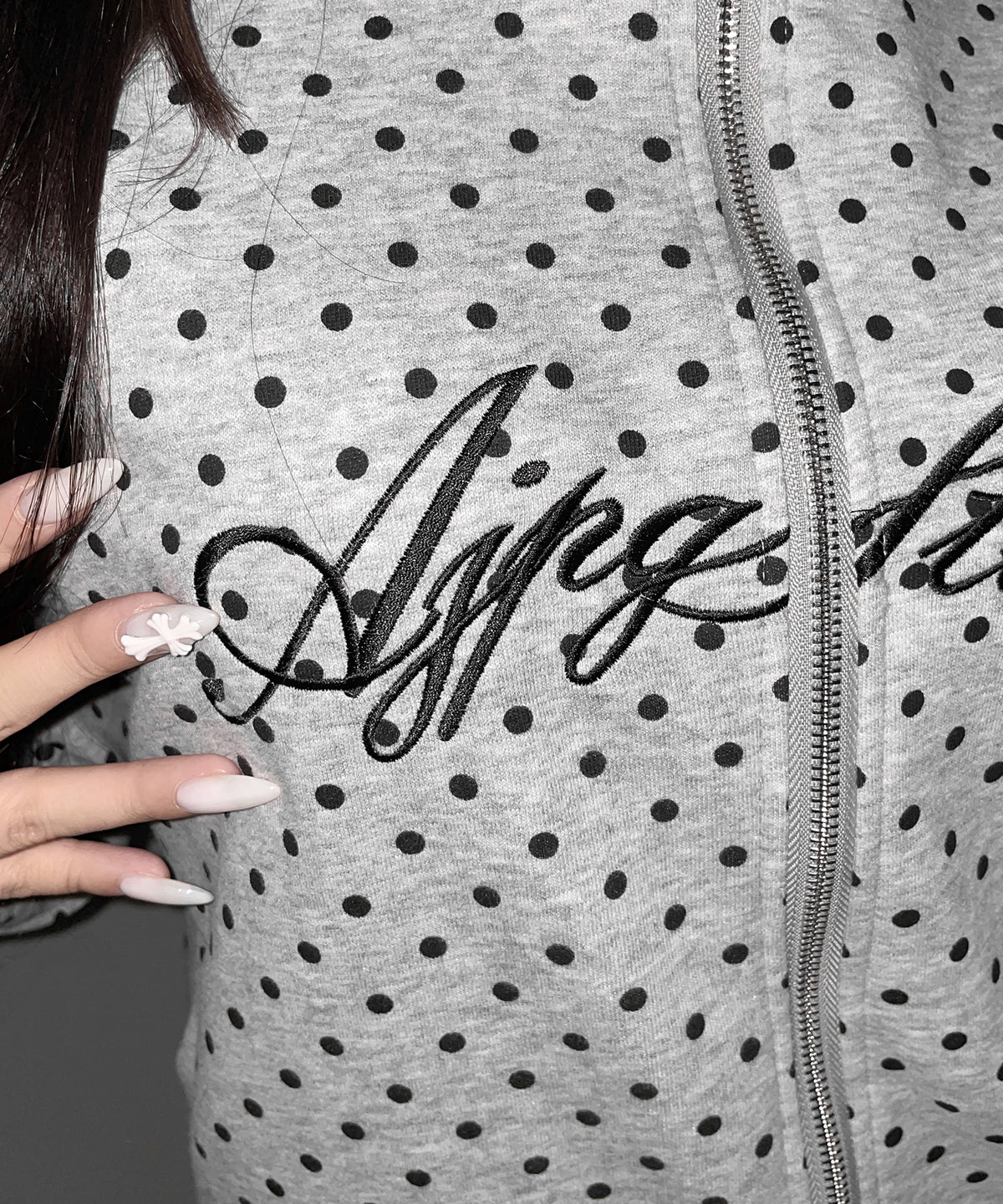 レタリングロゴ刺繍ドットラインオーバースウェットブルゾン ／ lettering logo embroidery dot line over sweat blouson