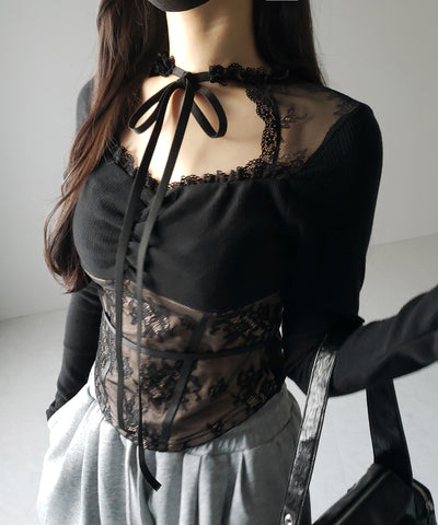 【 ２color 】チョーカーネックリボンレーシーカットソートップス ／ choker neck ribbon lacy cutsaw tops