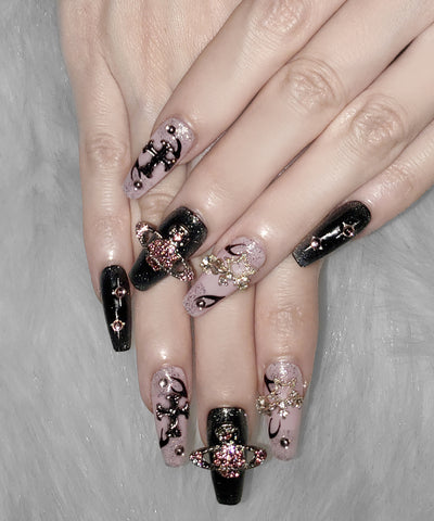 プラネットクロスピンクブラックマグネットネイルチップ／planet cross pink black magnet nail tips