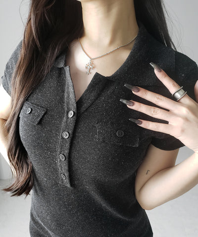 スキッパーボタンロングシアーニットトップス ／ skipper button long sheer knit tops