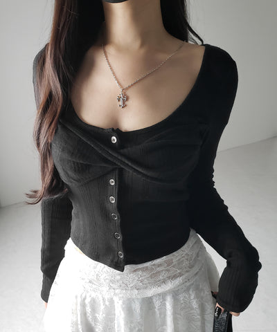 【 ３color 】フロントボタンオープンネックリブカットソートップス ／ front button open neck ribbed cutsew tops