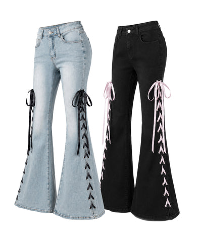 サテンリボンレースアップカットアウトストレッチフレアデニム ／ satin ribbon laceup cutout stretch flare denim