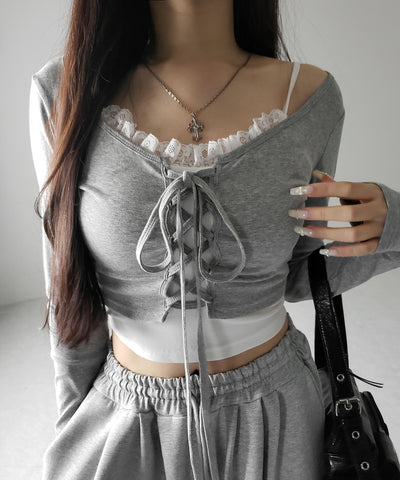 【 ２点セット 】レースアップリボンショートトップス ＋ レースキャミ SET ／ lace up ribbon short tops + lace cami SET