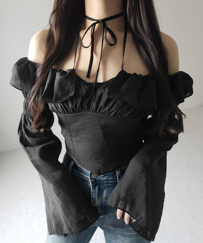 【 ２color ／ ３WAY 】チョーカーリボンフレアスリーブオフショルブラウス ／ choker ribbon flare sleeve off-shoulder blouse