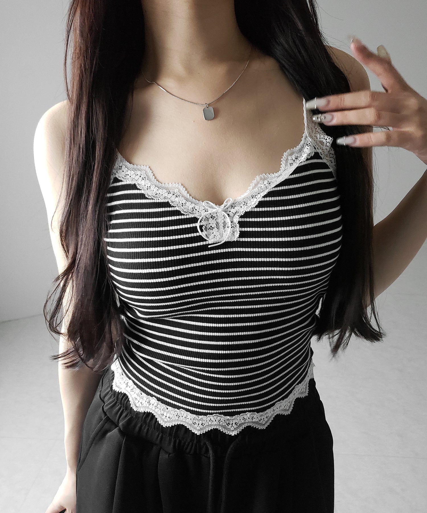 【 ３color 】バイカラーレースクロップドリブキャミソール ／ bicolor lace cropped rib camisole