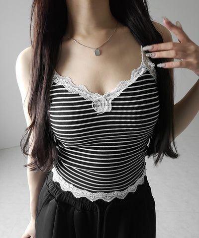 【 ３color 】バイカラーレースクロップドリブキャミソール ／ bicolor lace cropped rib camisole