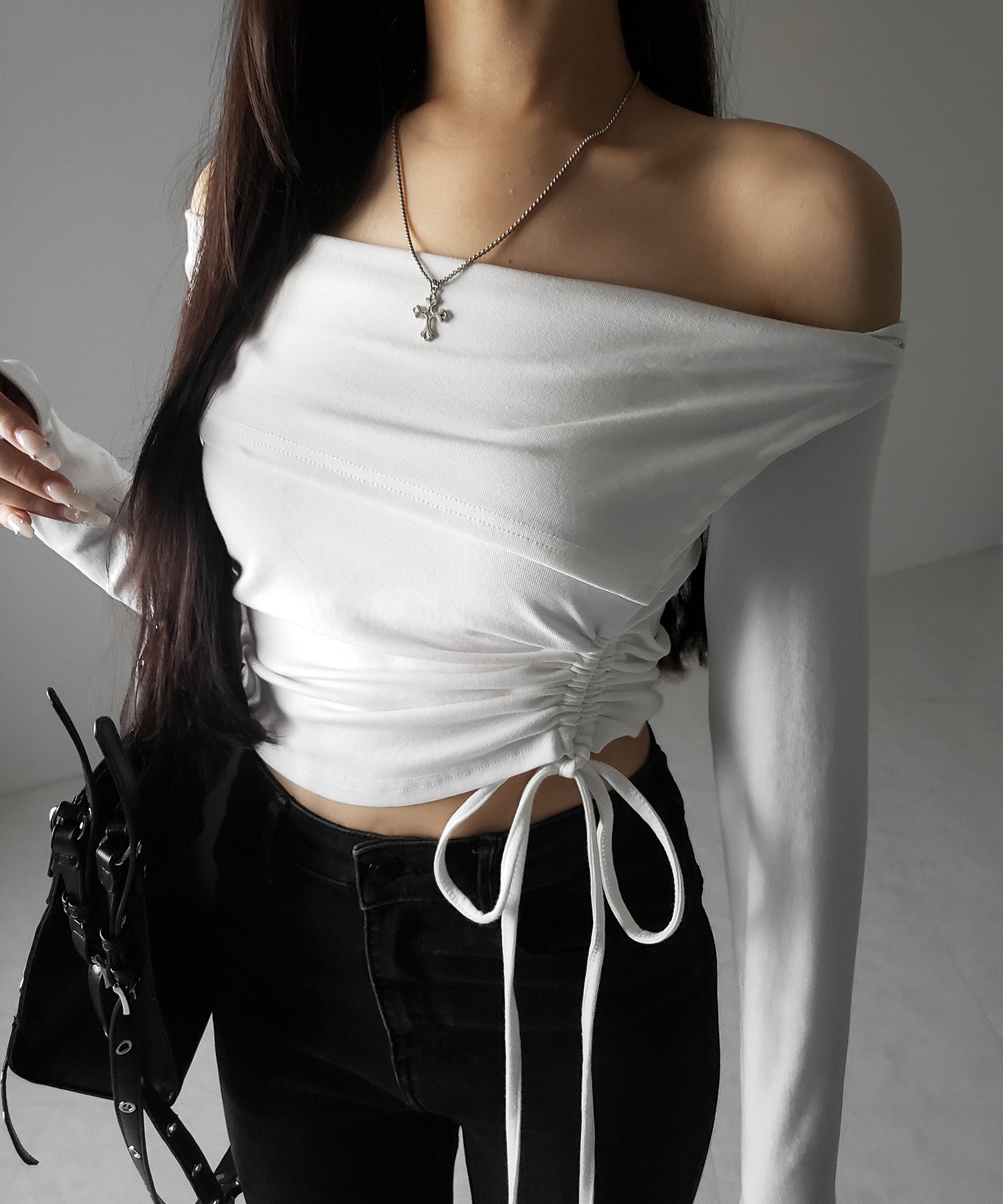 シャーリングリボンショートオフショルカットソートップス ／ shirring ribbon short off shoulder cutsew tops