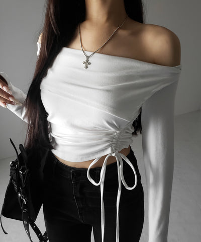 シャーリングリボンショートオフショルカットソートップス ／ shirring ribbon short off shoulder cutsew tops