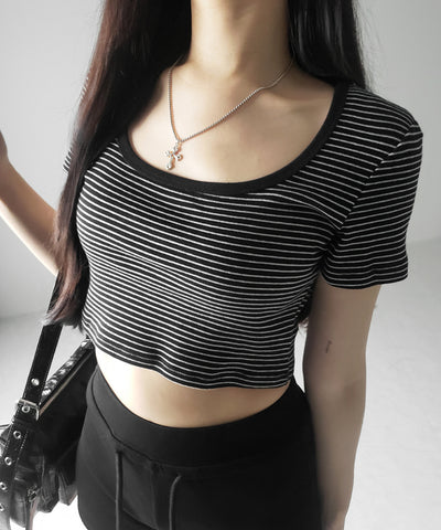 【 ２color 】ピンボーダースクエアネックショートＴシャツ ／ pin border square neck short T-shirt