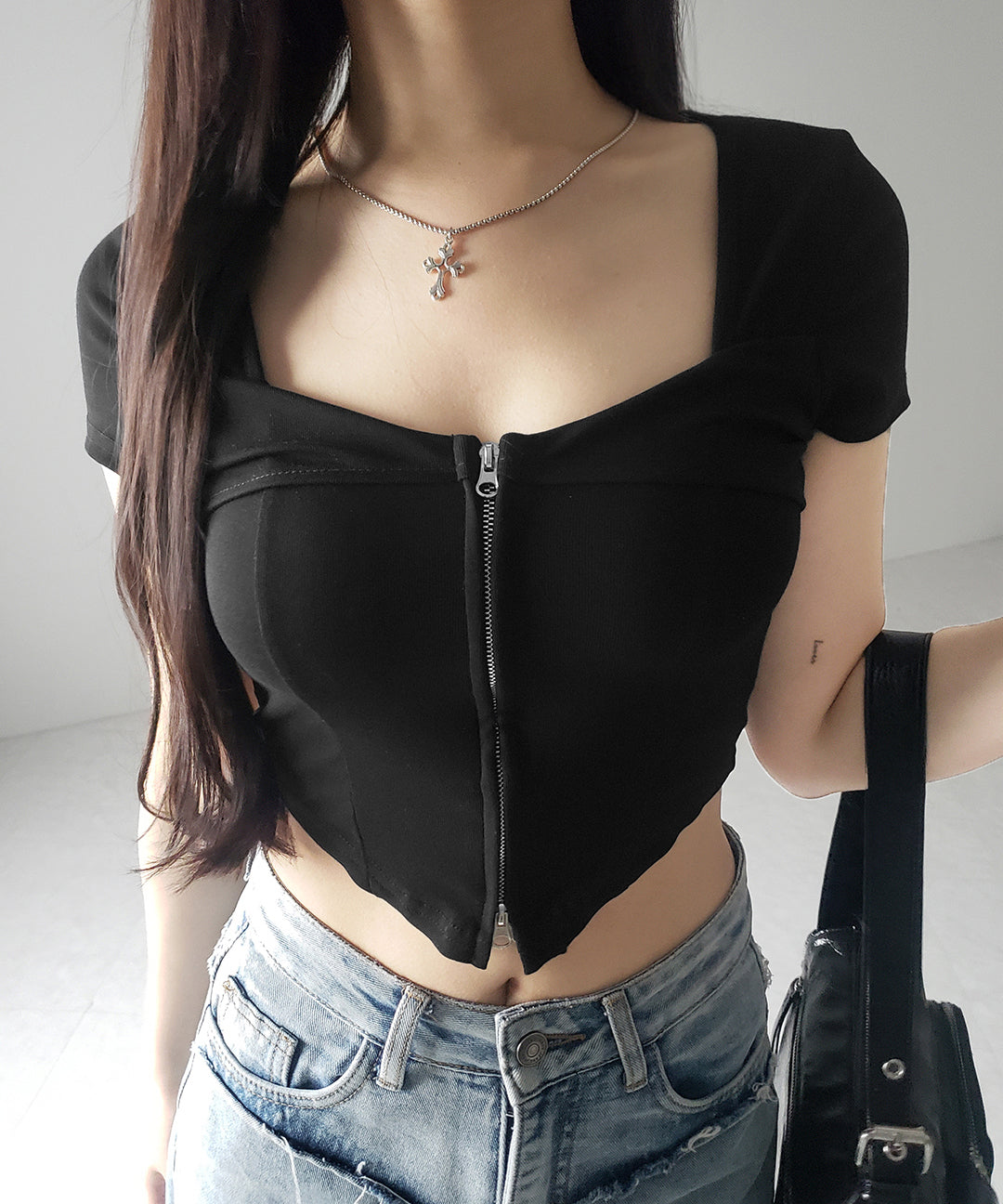 【 ２color 】ダブルジップコルセットスクエアネックＴシャツ ／ double zip corset square neck T-Shirt