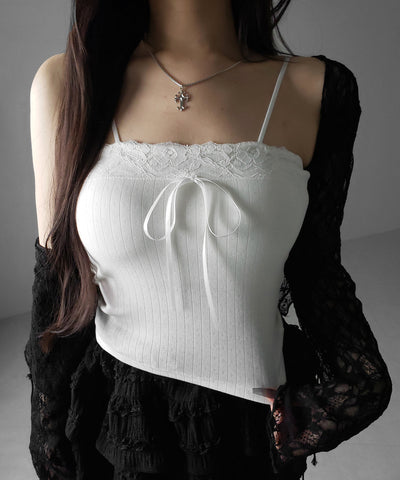 フロントリボンレースショートキャミソール ／ front ribbon lace short camisole
