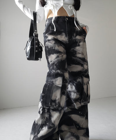 【 ２color ／ ４size 】クラッシュブリーチストレートカーゴデニム ／crash bleach straight cargo denim