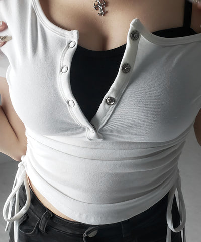 【 ２点セット 】ヘンリーネックサイドリボン半袖ぴちＴシャツ ／ Henley neck side ribbon short-sleeve pichi T-shirt