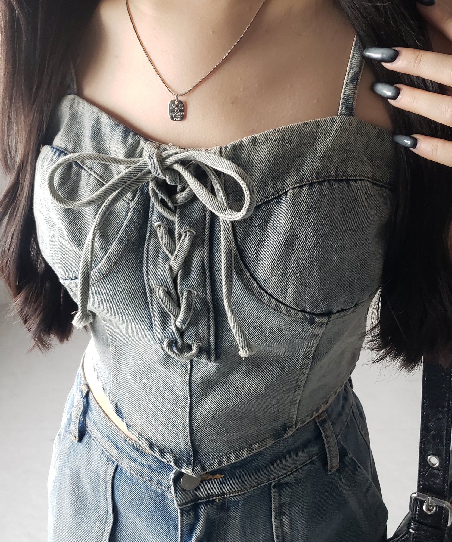 【 ２color 】レースアップリボンコルセットデニムビスチェ ／ lace up ribbon corset denim bustier