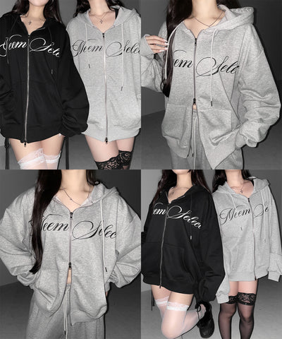 【 セットアップ可能 】レタリングロゴプリントダブルジップビッグパーカー ／ lettering logo print double zip BIG hoodie