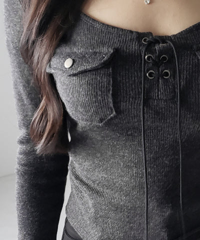 レースアップアウトポケットスリムリブトップス ／ lace up out pocket slim ribbed tops