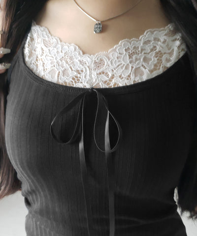 【 ３color ／ カップ付き 】フロントリボンレースドッキングキャミソール ／front ribbon lace docking camisole
