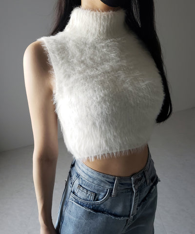 【 ３color 】タートルネックショートシャギーノースリニットトップス ／ turtleneck short shaggy nosleeve knit tops