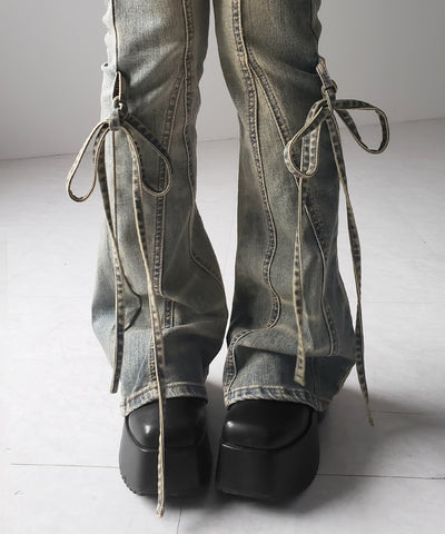【 ２color ／ ４size 】ストラップリボンヴィンテージストレッチフレアデニム ／ strap ribbon vintage stretch flare denim