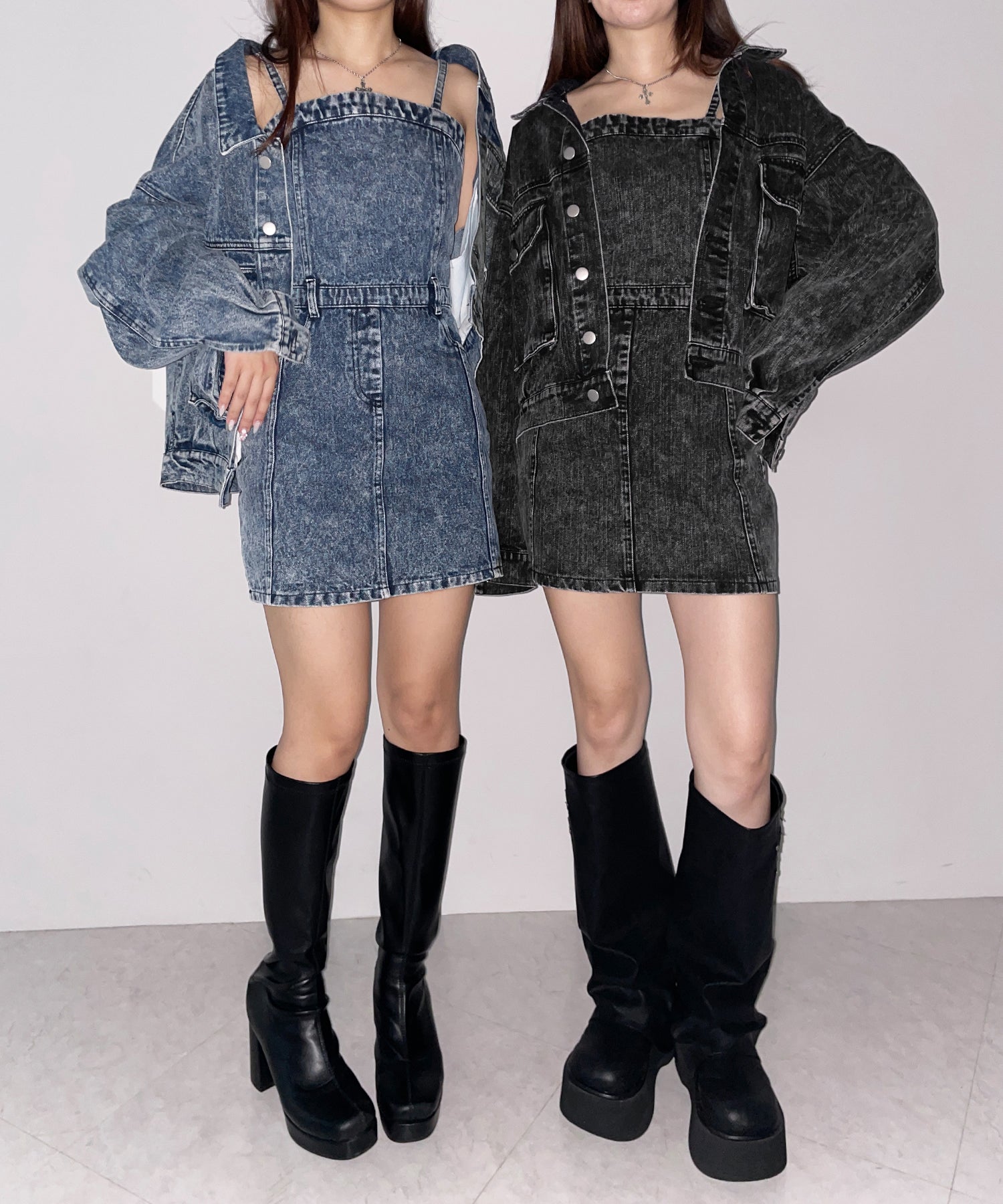 【 セットアップ着用可能 】ヴィンテージケミカルブリーチストラップデニムキャミワンピース ／ vintage chemical bleach strap denim cami onepiece