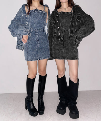 【 セットアップ着用可能 】ヴィンテージケミカルブリーチストラップデニムキャミワンピース ／ vintage chemical bleach strap denim cami onepiece