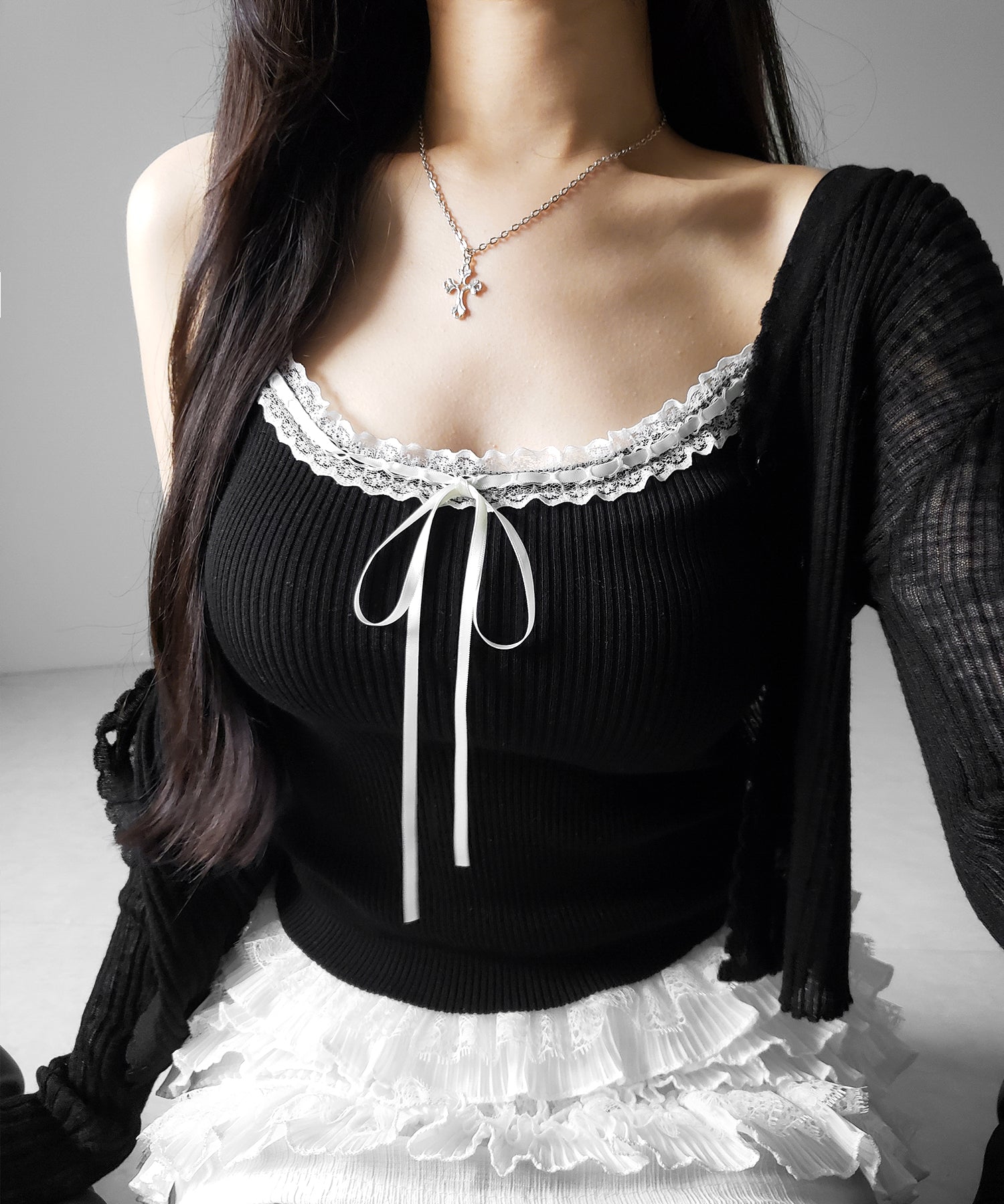 【 ２点セット 】レースリボンニットキャミソール ＋ シアーリブニットカーディガン ／ lace ribbon knit camisole ＋ sheer lib knit cardigan