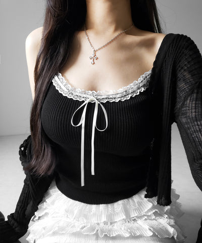 【 ２点セット 】レースリボンニットキャミソール ＋ シアーリブニットカーディガン ／ lace ribbon knit camisole ＋ sheer lib knit cardigan