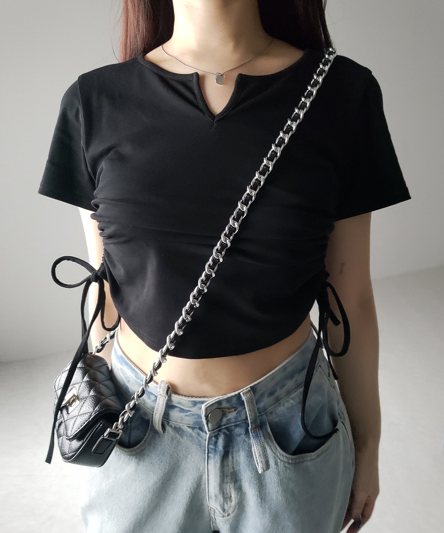 【 ２color 】サイドシャーリングリボン半袖ショートＴシャツ ／ side shirring ribbon short Tee