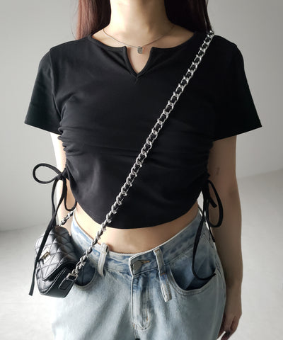 【 ２color 】サイドシャーリングリボン半袖ショートＴシャツ ／ side shirring ribbon short Tee